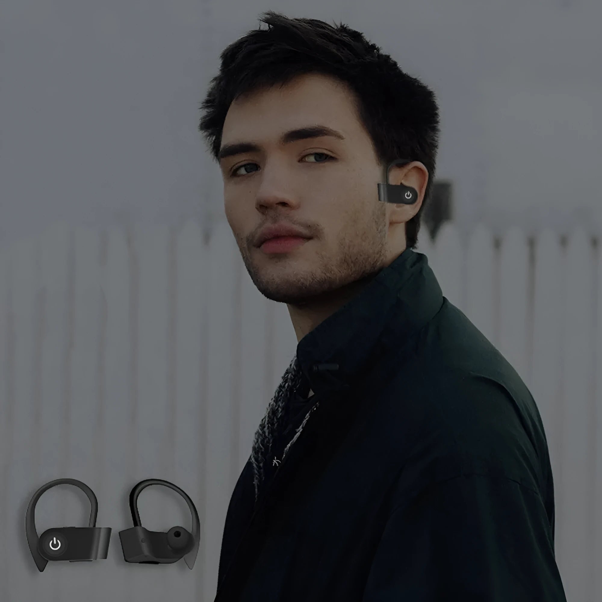 Black wireless Bluetooth V5.0 in-ear headphones with ergonomic design and control buttons.