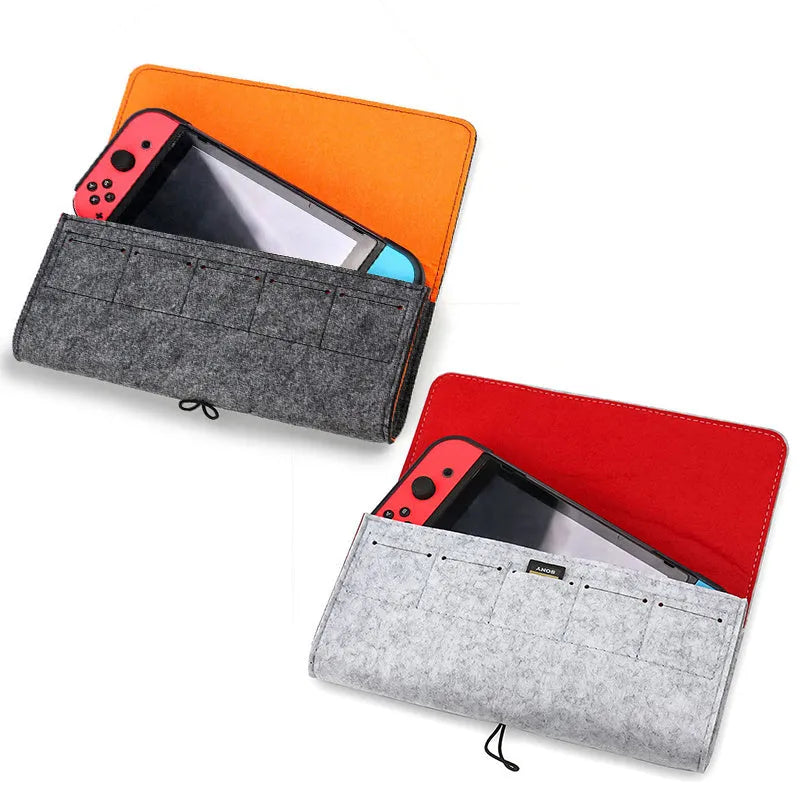 Black felt pouch case for Nintendo Switch console, showing game card slots and double layer storage design.