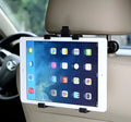 Black universal car headrest tablet holder with adjustable mount for rear seat passengers.