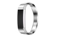 Fitbit Alta smart watch with a stainless steel replacement bracelet strap featuring a deployment buckle, shown in silver finish.