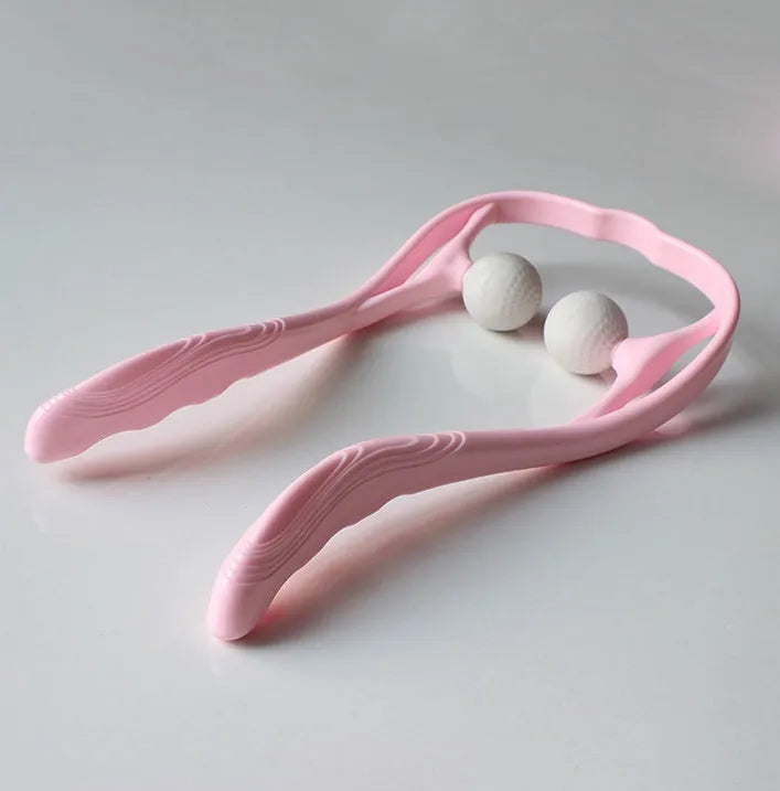 A pink plastic handheld neck and shoulder massager with adjustable rollers on a flexible stand.