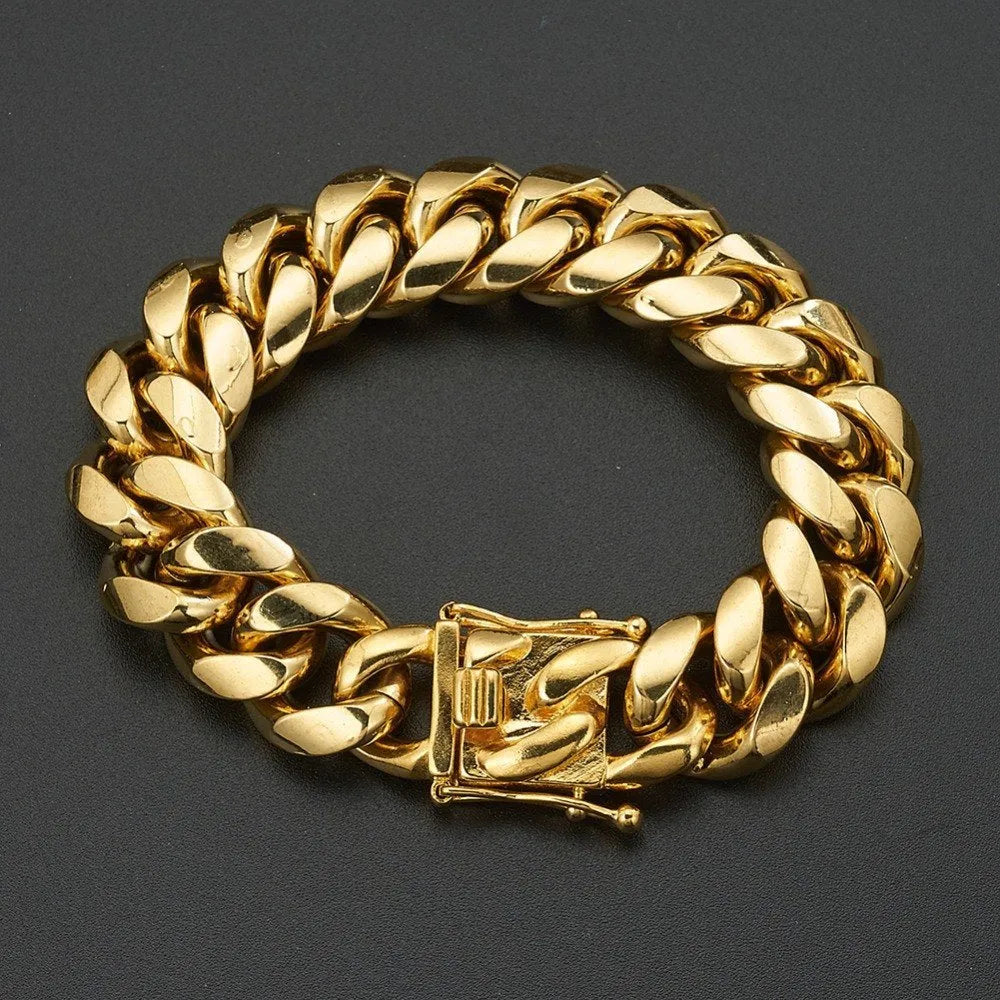 Gold Miami Cuban link stainless steel chain necklace on white background