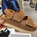 Women's maroon plus size suede platform sandals with peep toe and Velcro strap.