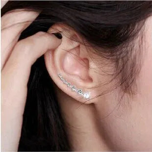 925 sterling silver ear-sticking ear hook studs with crystal inlay, geometric shape, silver colour, 2.3cm long