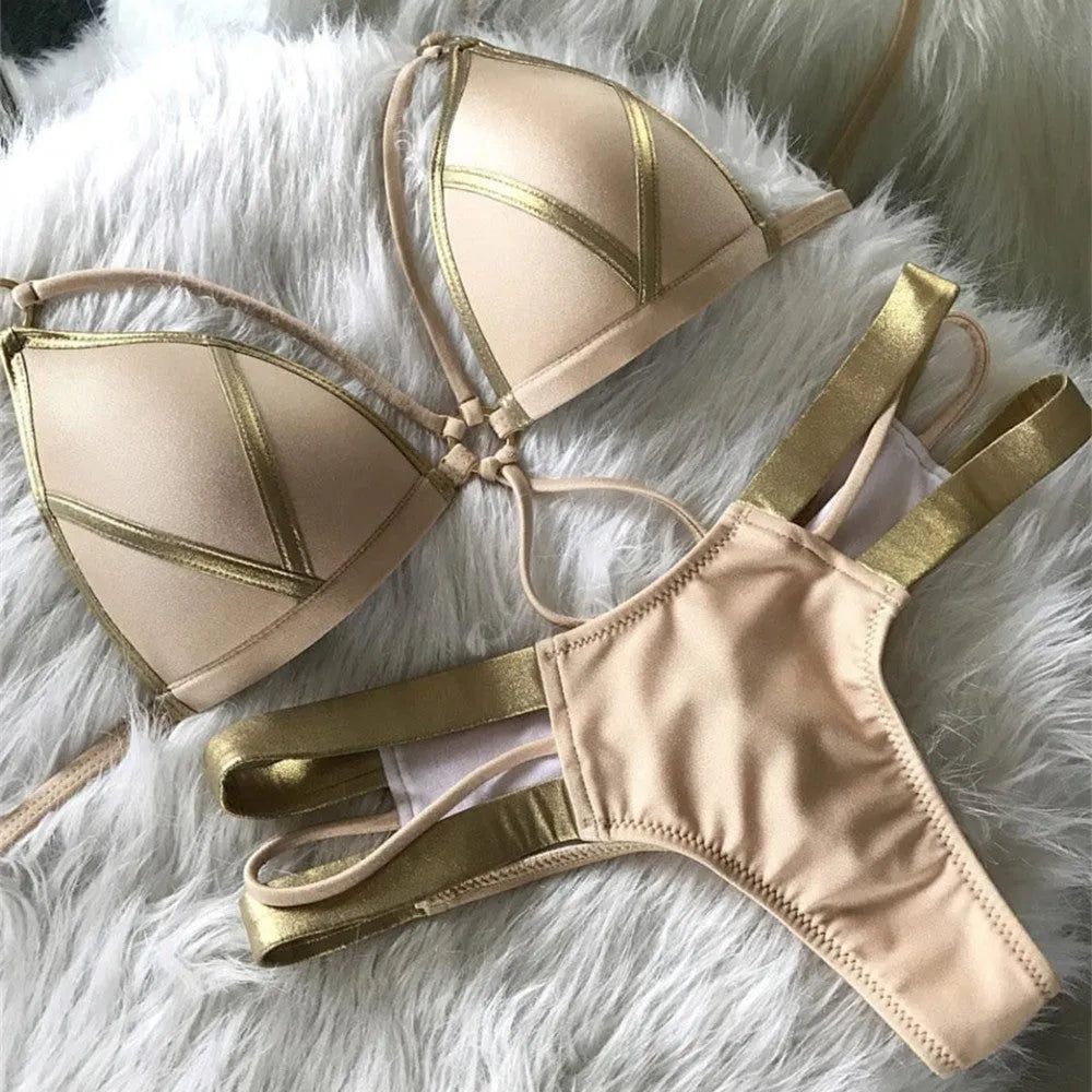 Women's padded bronzing bikini in nylon with cotton lining, no underwire, for swimming.