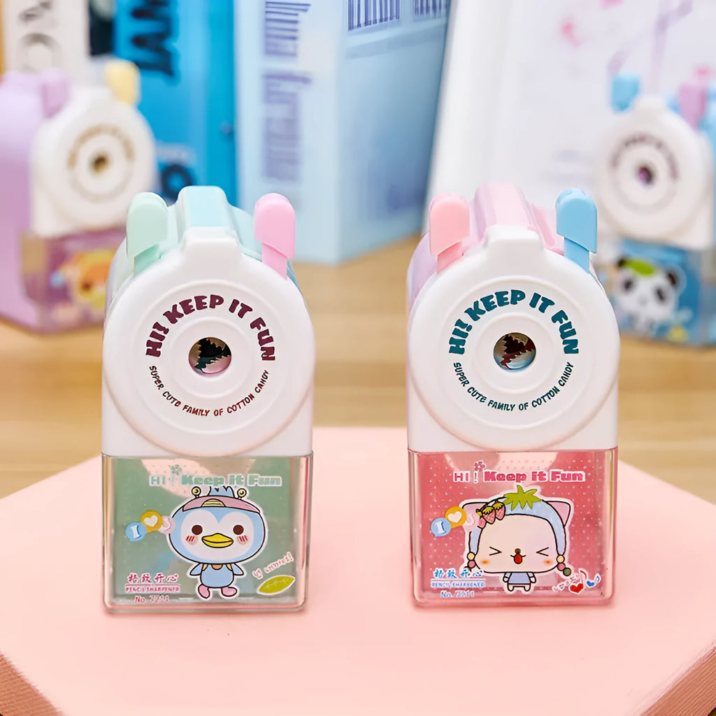 Cartoon cute pet manual pencil sharpener in blue, green, pink, or purple colour on a desk.