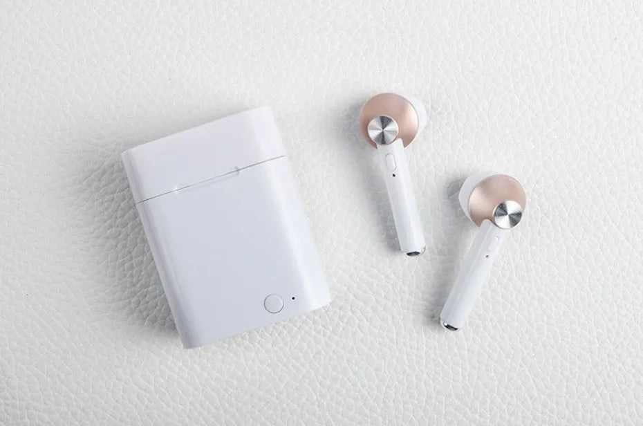 Sports Bluetooth wireless headset in black, silver, gold, red, and rose gold colours.