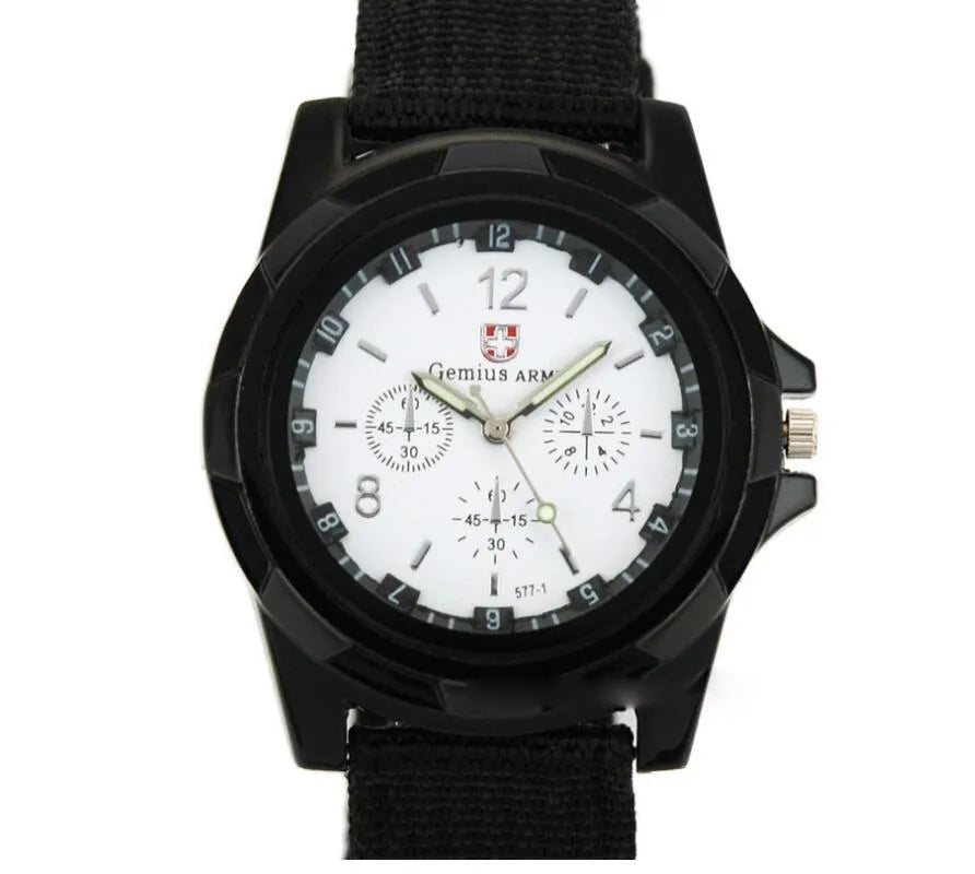 Cloth belt woven military quartz watch with 40.5mm round alloy case and textile strap, available in multiple colours