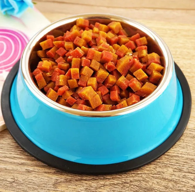 Stainless steel pet bowl with melamine outer pot in orange, non-slip base, dual use food and water