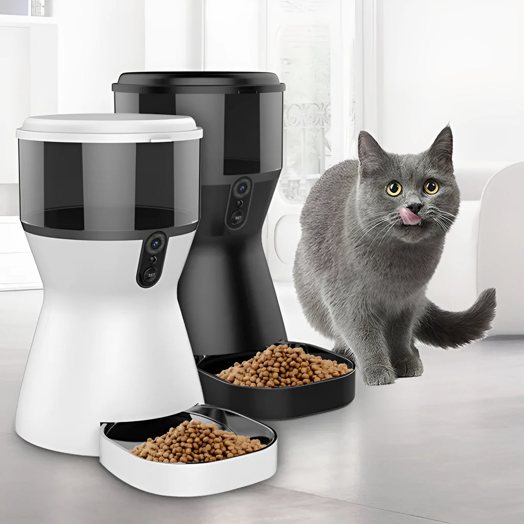 White ABS automatic pet feeder for dogs and cats with button control panel
