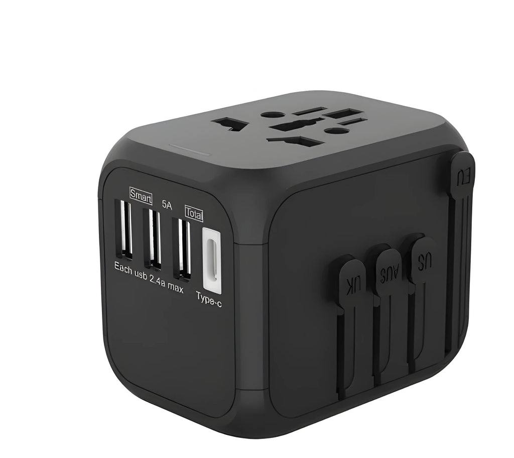 Black universal travel adapter plug with six AC ports for international sockets