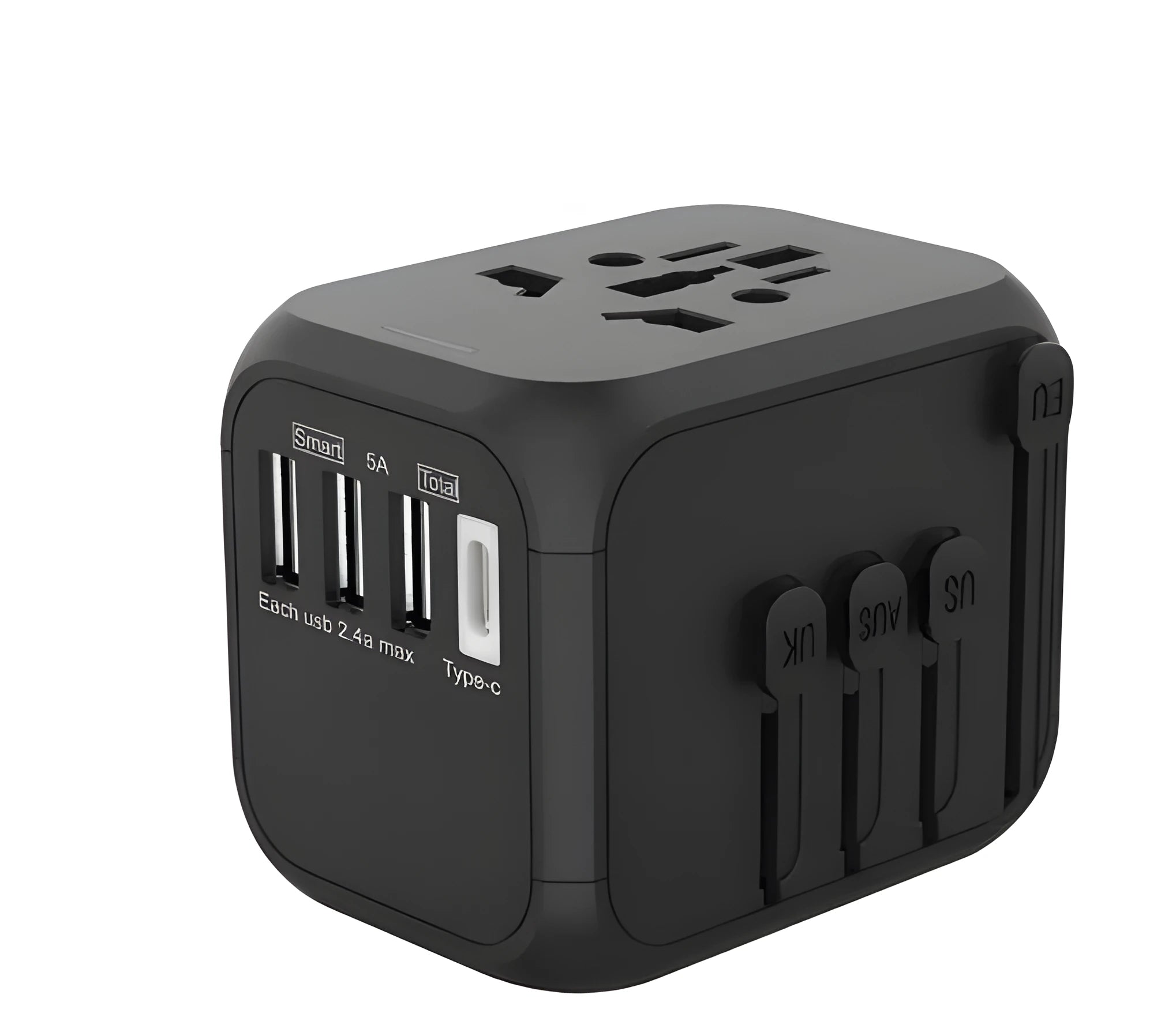 Black universal travel adapter plug with six AC ports for international sockets