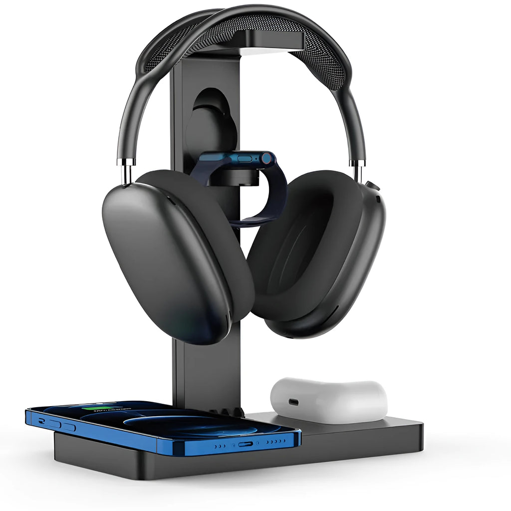 Black multi-function wireless charging station with phone, watch, and headset bracket and LED indicator