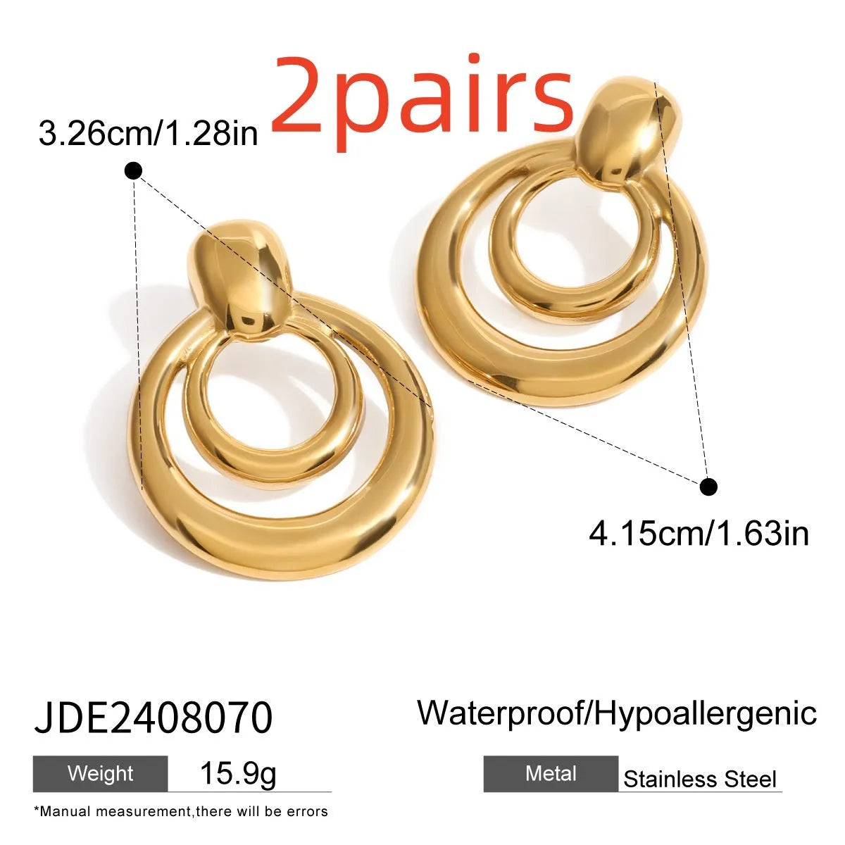 Round double-layer hollow stud earrings with 18K gold electroplated finish on titanium steel