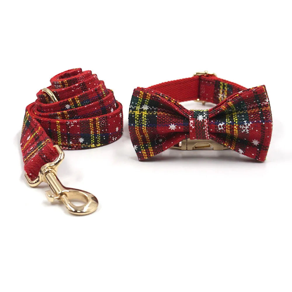 Red Christmas dog accessory set with collar, lead, bow, harness and waste bag in laser cut cloth