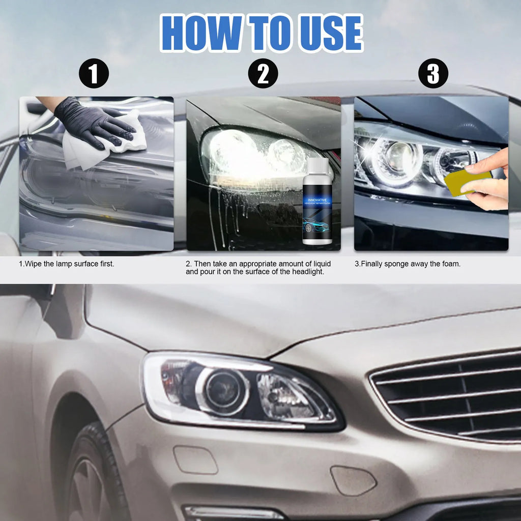 Car headlight renovation care solution kit with sponge applicator in 20ml 30ml 50ml sizes