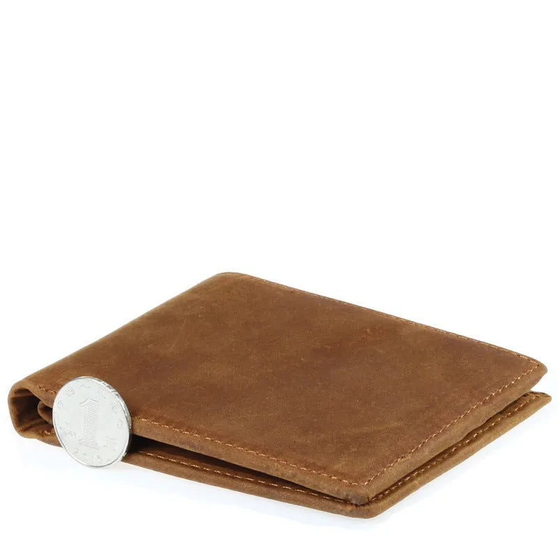 Brown horse leather men's ultra-thin short wallet with retro European style and card slots