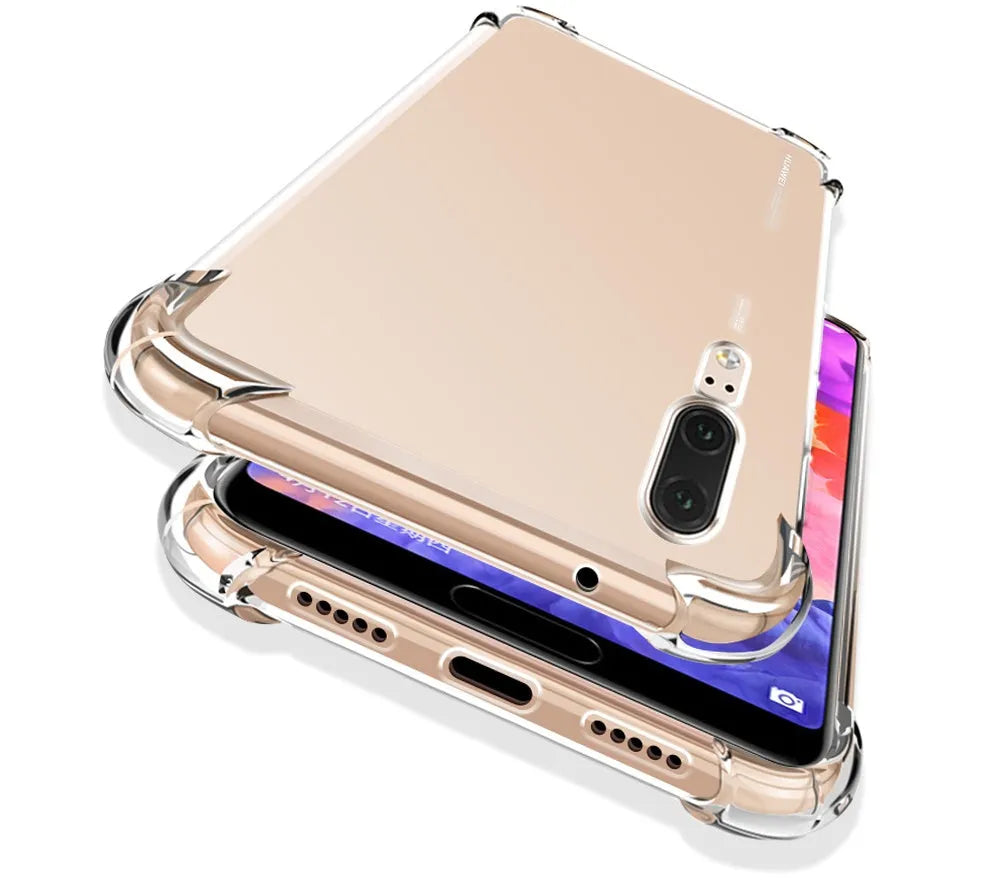 Transparent TPU phone case for Huawei and Honor phones showing airbag anti-fall protection design.