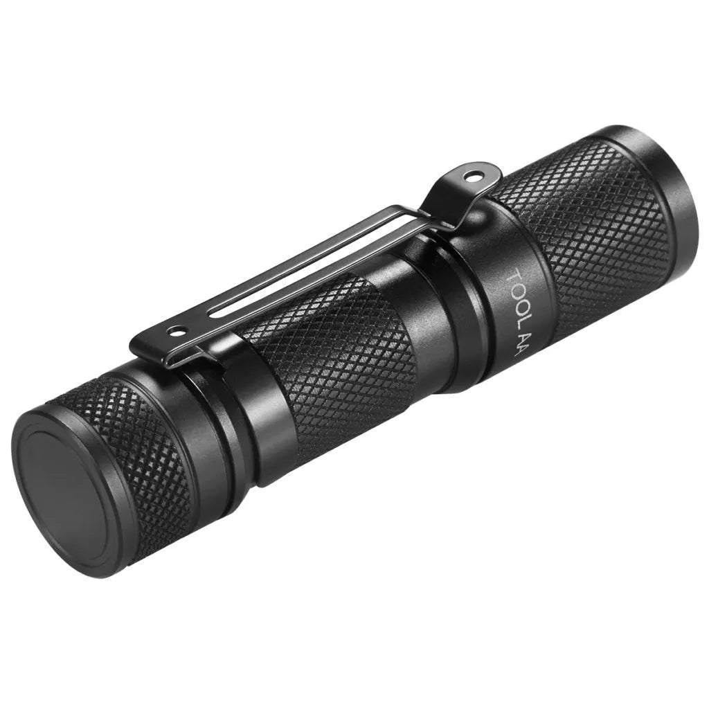 Black Lumintop Tool AA 2.0 compact keychain flashlight with magnetic tail cap on a keyring.