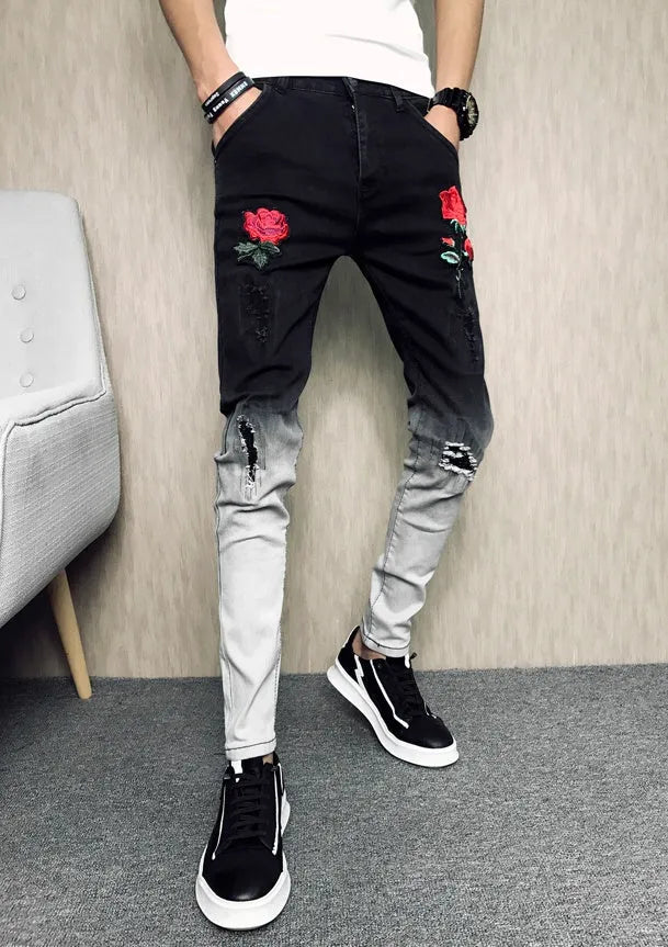 Black high-waist rose-embroidered shredded stretch denim jeans for women