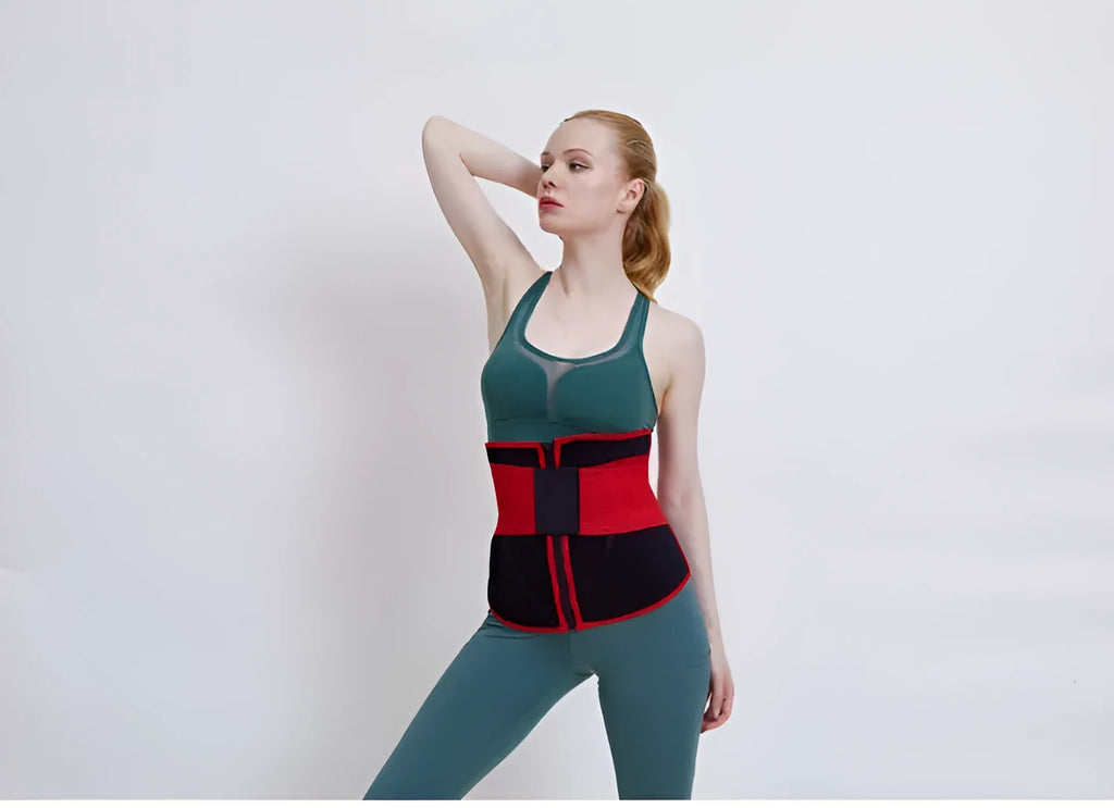 Sport double belt compression belly corset in black spandex with adjustability for waist training