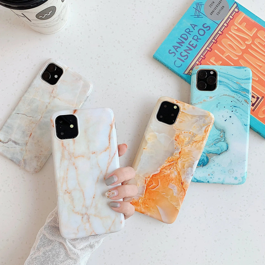 Frosty marble silicone phone case back cover with geometric pattern for iPhone models