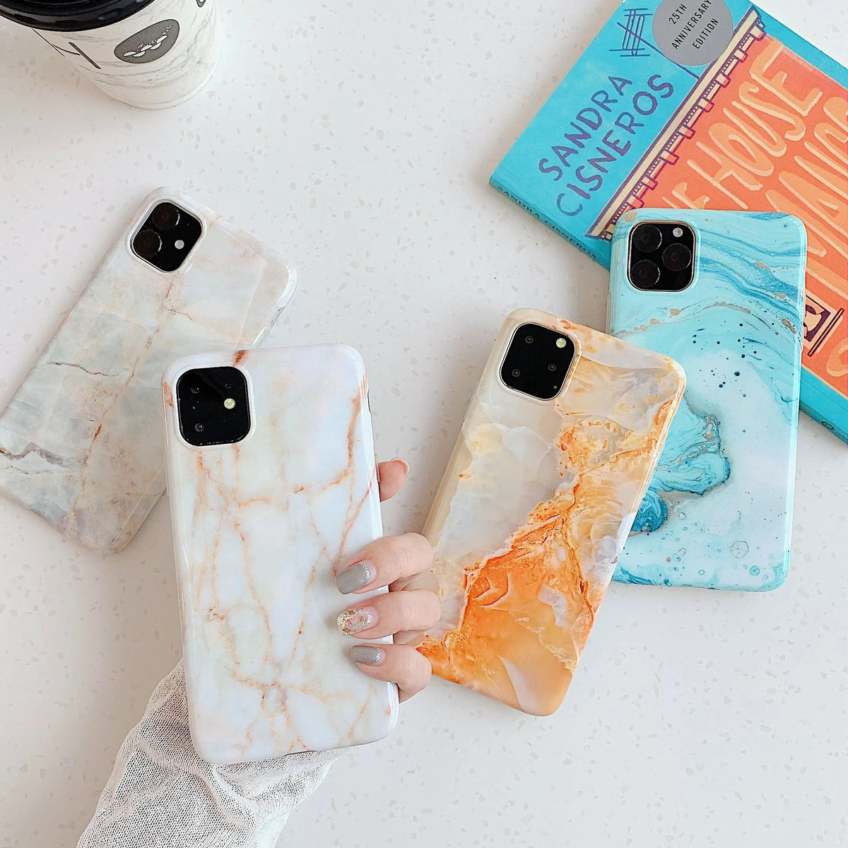 Frosty marble silicone phone case back cover with geometric pattern for iPhone models