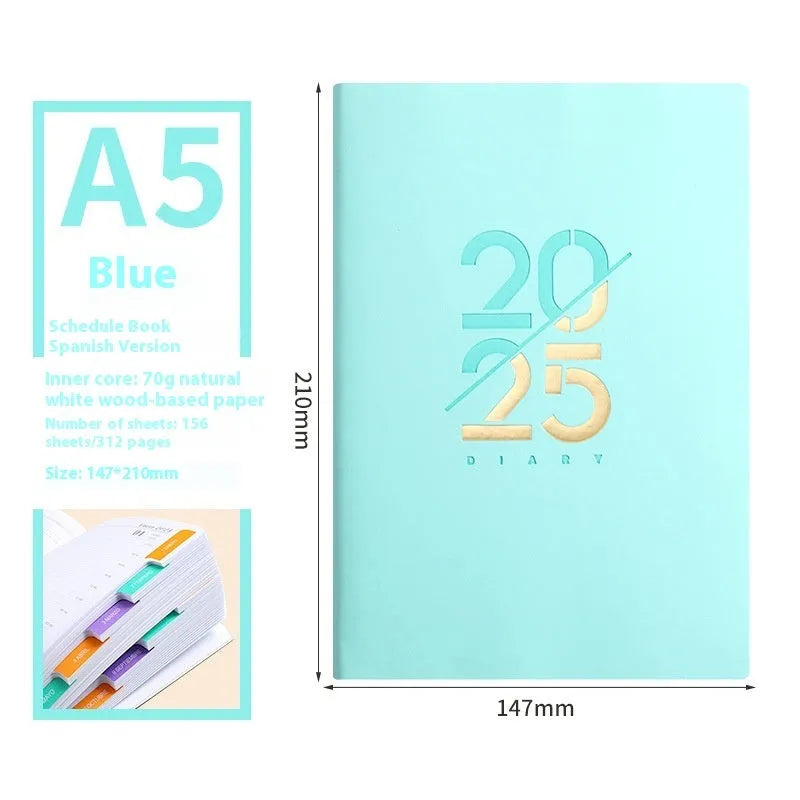 A5 daily planner with soft faux leather cover open to show Dorian paper pages