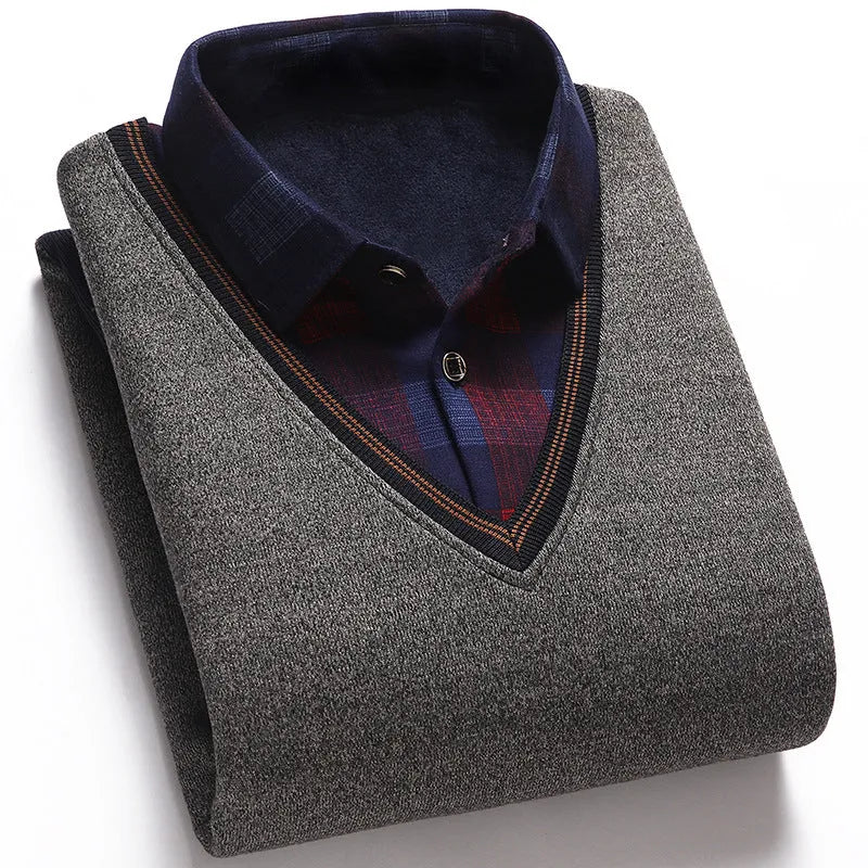 Men's fake two-piece shirt collar sweater in navy blue chemical fibre blend, front view