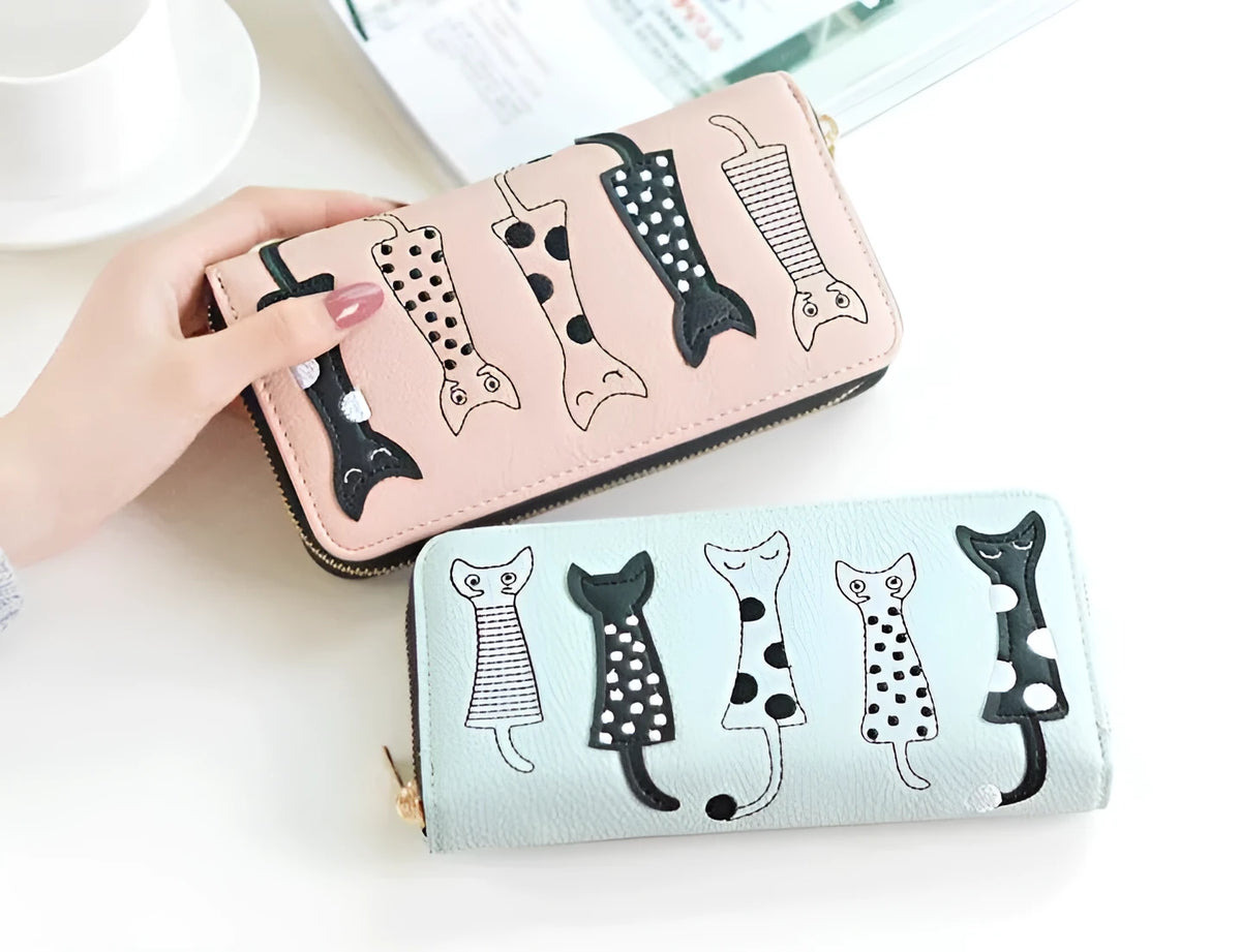 Women cat cartoon wallet in artificial leather, compact 10x18.8x3cm, available in six colours including beige and black