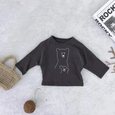 Bear print solid colour children's jacket in apricot, dark grey, or yellow, sizes 80cm to 120cm.