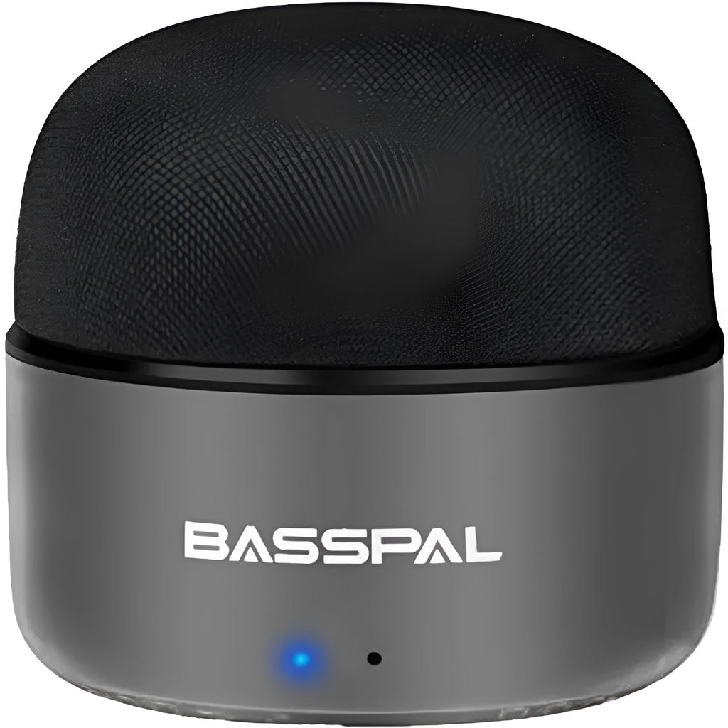 Black plastic waterproof portable mini Bluetooth speaker with buttons.
