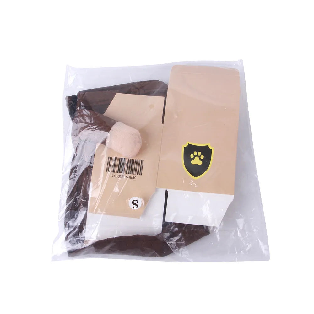 Coffee coloured courier costume for a dog or cat on a hanger