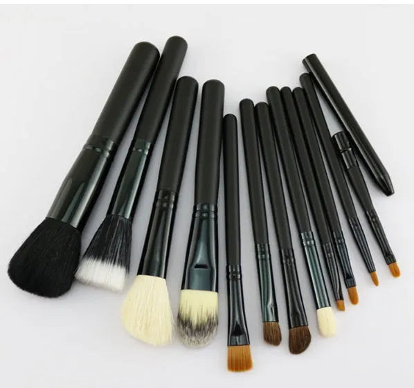12-piece makeup brush set with wooden handles, aluminium tubes and PU storage tube, black and pink