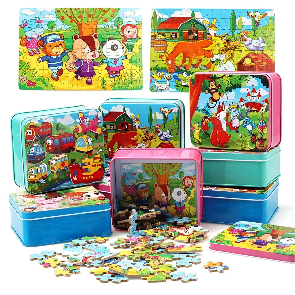 80 piece wooden animal puzzle educational toy set for children in a metal storage box