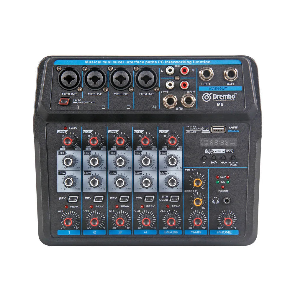 M4 or M6 model small audio mixer with PVC housing for live broadcast and KTV use.