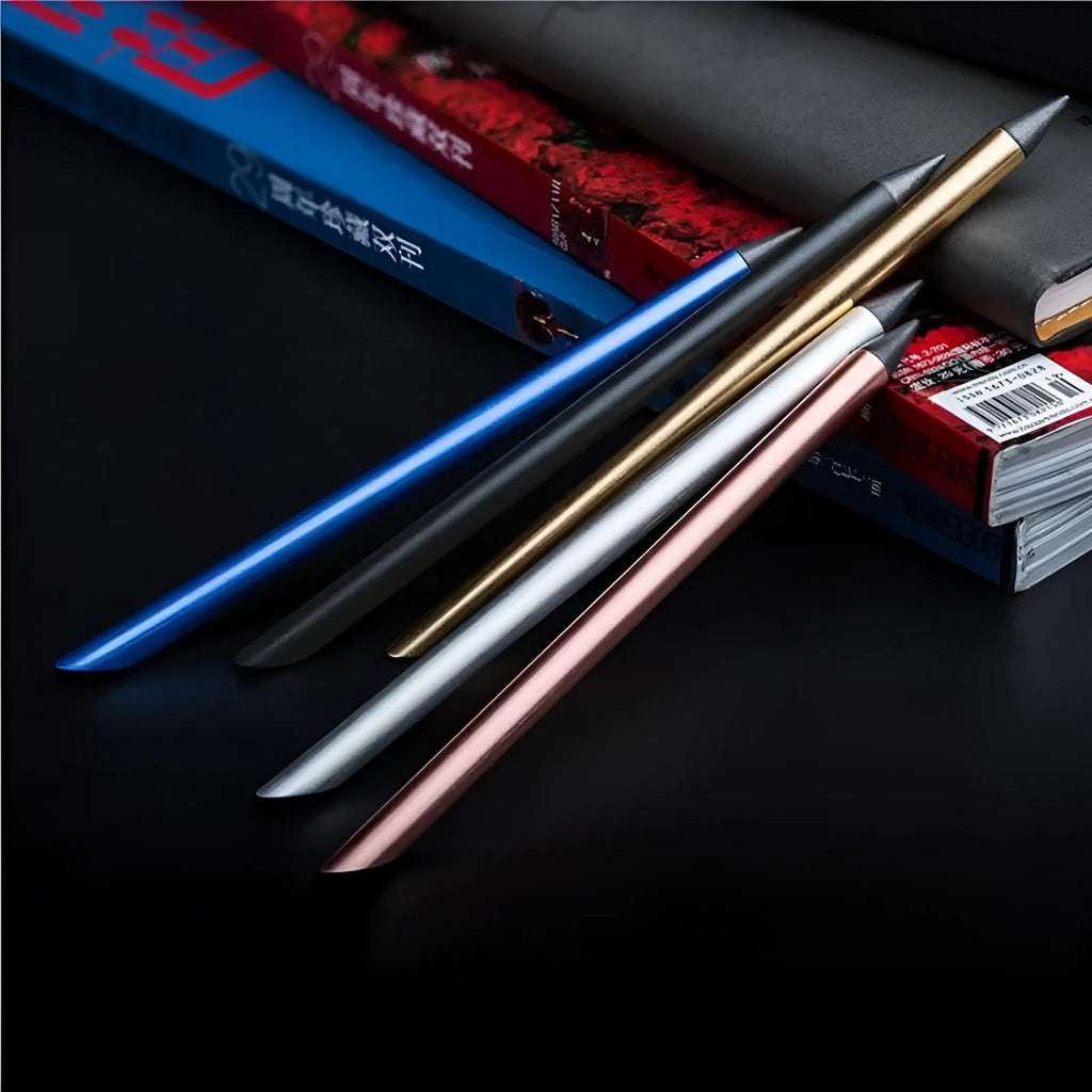Silver Inkless Metal Pen with 0.5mm alloy tip, spare nib, and leather pen bag on wooden desk.