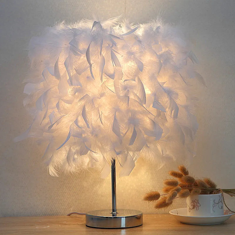 Feather bedside lamp with soft fur shade in pink, purple, red, white or wine red.