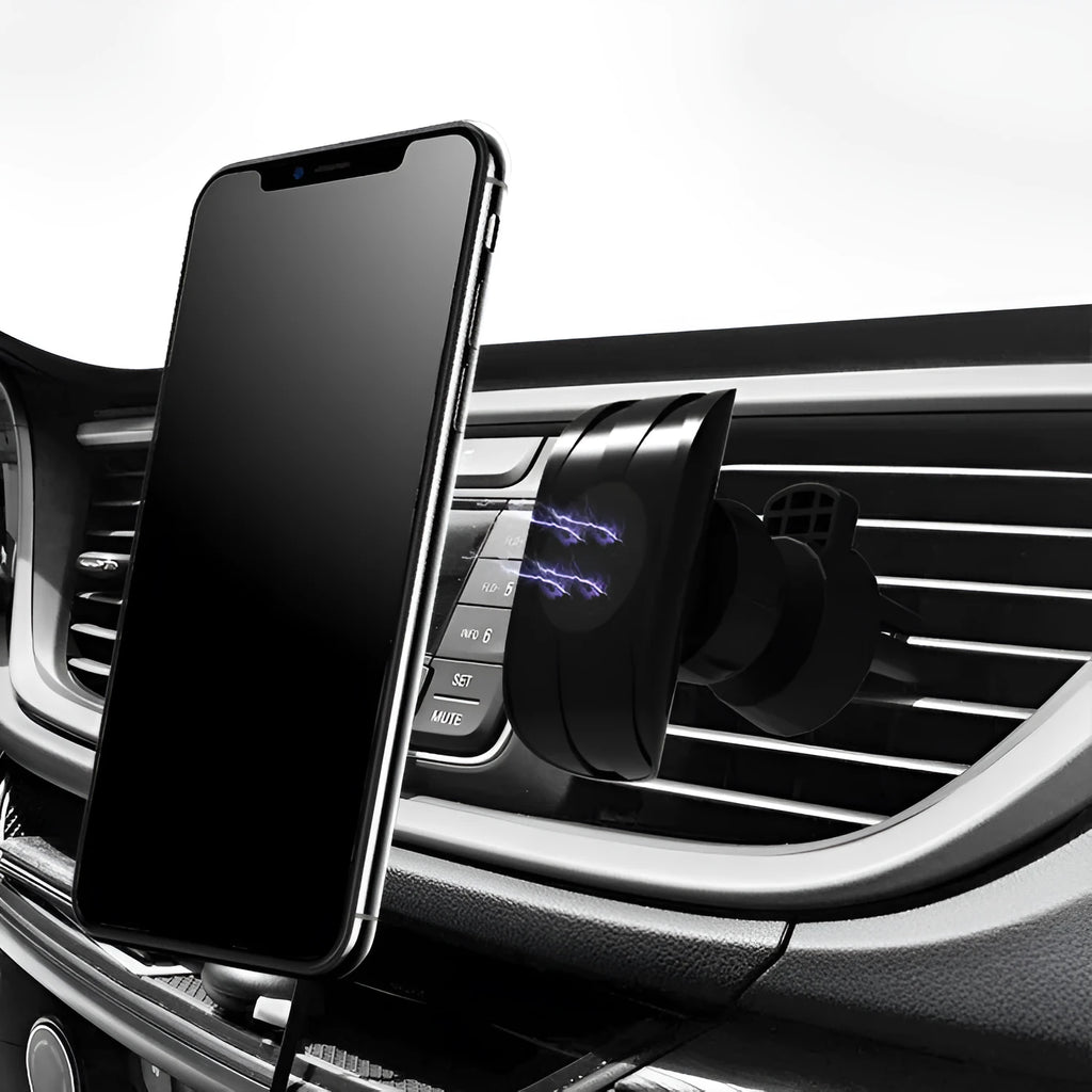 Black universal car phone holder attached to a car air vent, showing flexible gooseneck arm and adjustable phone cradle.