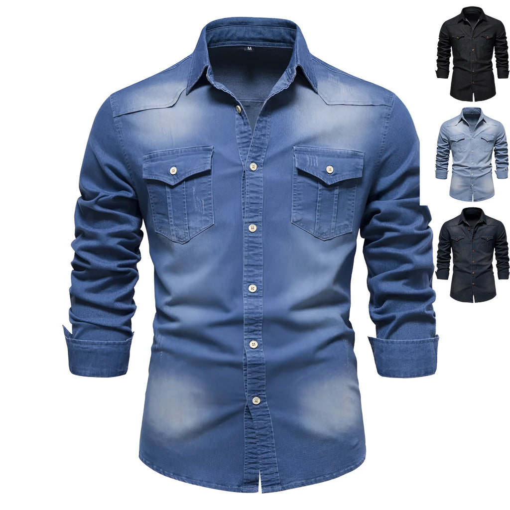 Men's slim fit cotton denim shirt in solid colours with button front and long sleeves