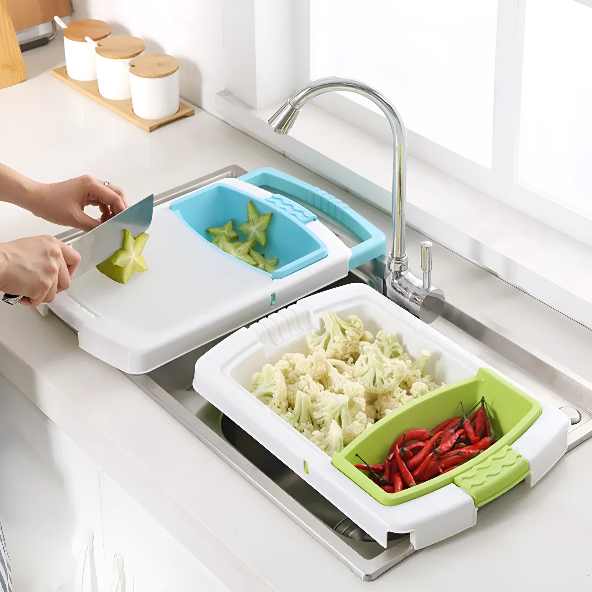 Green kitchen drain cutting board with hollow bottom design mounted on sink edge