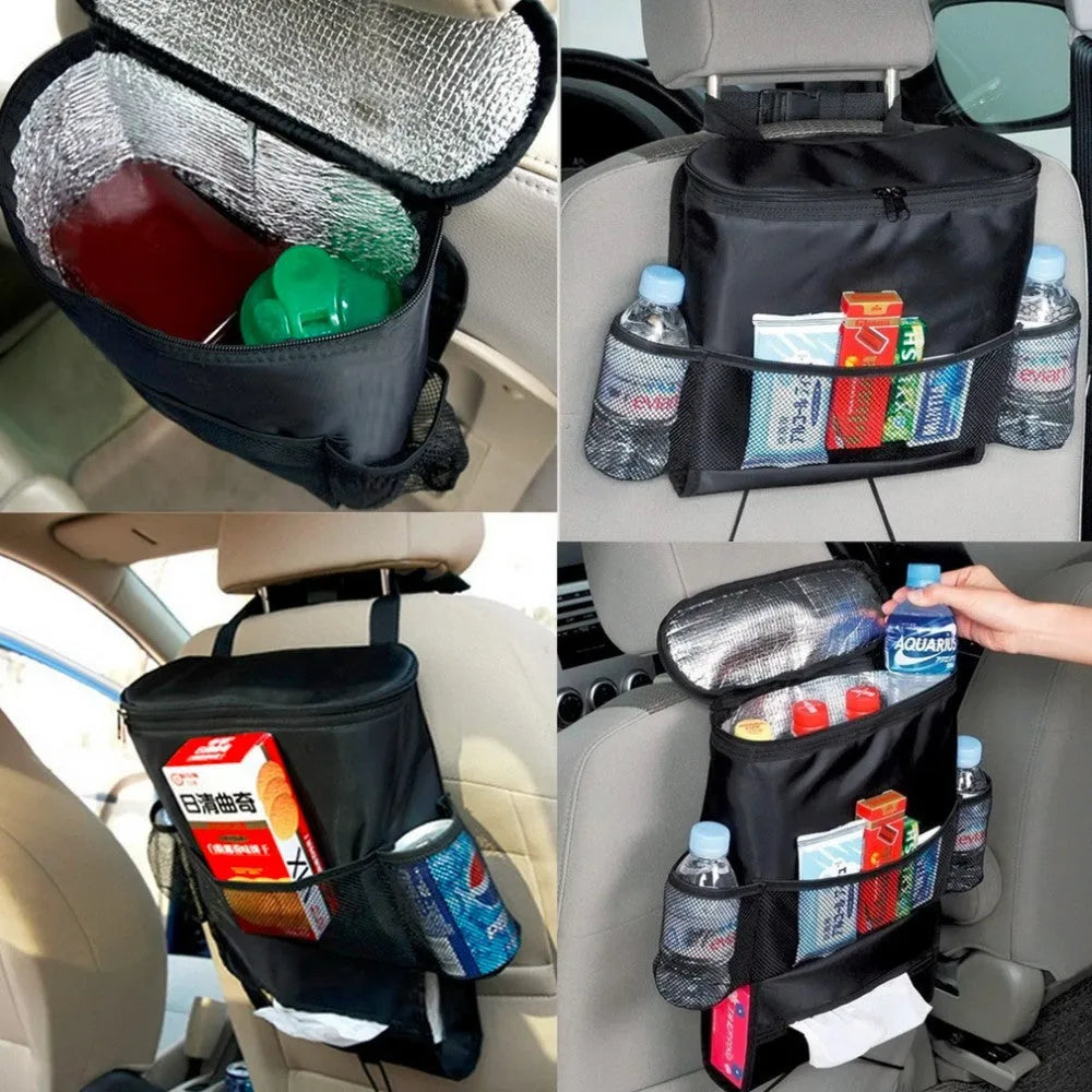 Universal car seat back multi-pocket storage organiser in black nylon with adjustable straps