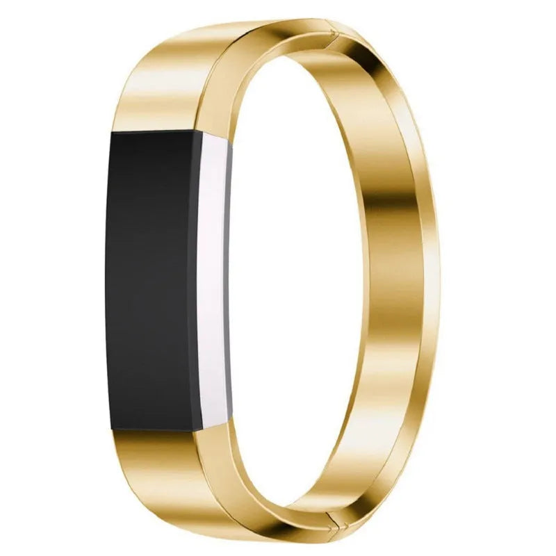 Fitbit Alta smart watch with a stainless steel replacement bracelet strap featuring a deployment buckle, shown in silver finish.