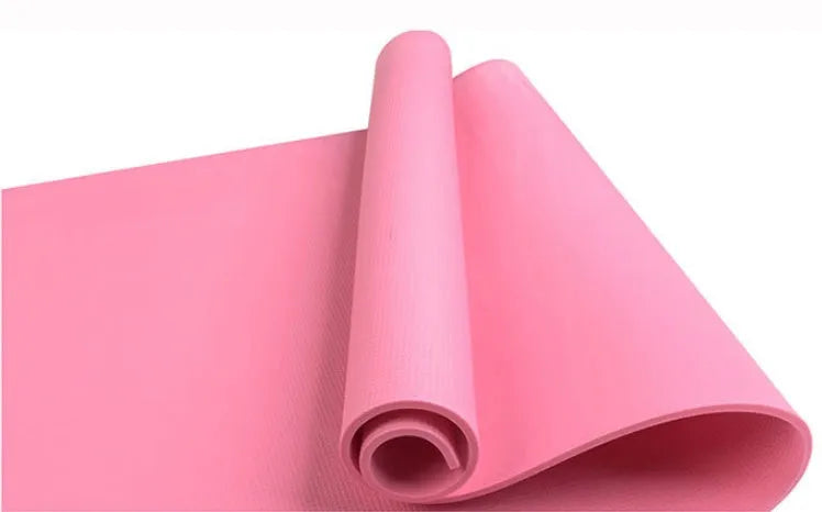 Red EVA fitness yoga mat, 173cm long, shown flat on a wooden floor.