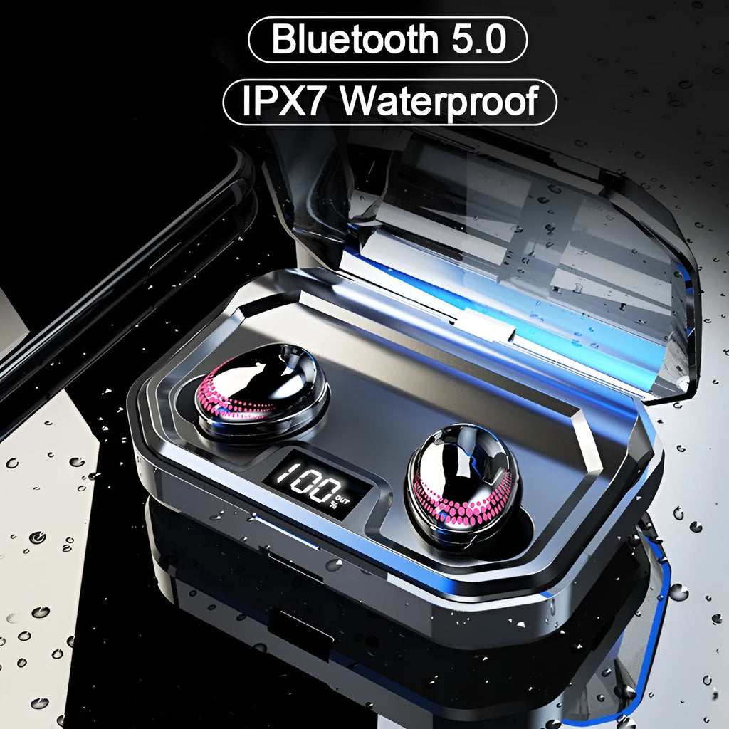 Black single earpiece Bluetooth headset with its charging case on a white background.