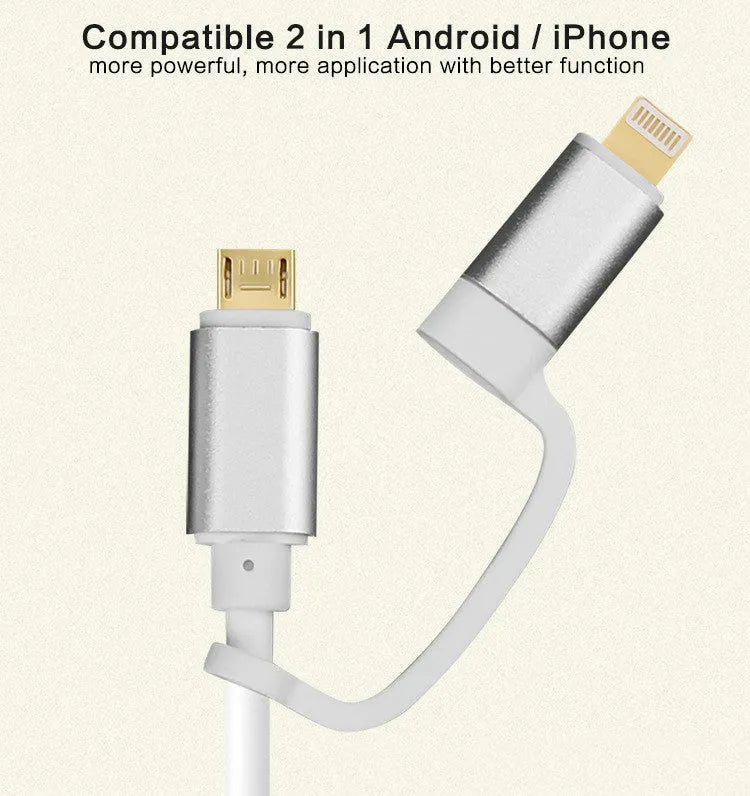 Silver HDMI 2-in-1 plug-and-play cable adapter 2 metres length on white background
