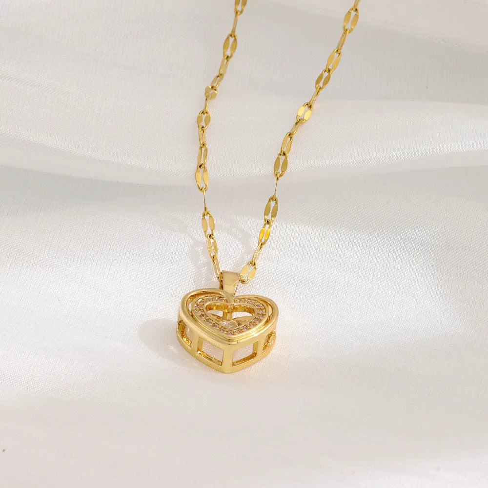 Double-layer love necklace with heart-shaped rhinestone pendant, titanium steel chain, electroplated 8018 Smart Love colour, adjustable 40+5cm length