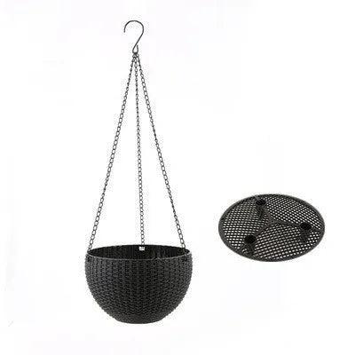A plastic hanging basket with an inner tank and a chain, shown in one of seven available colours.