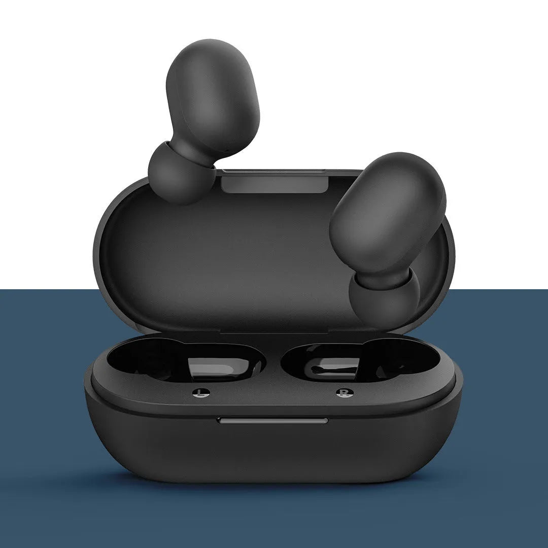 Black true wireless Bluetooth earbud headset showing left and right earbuds.