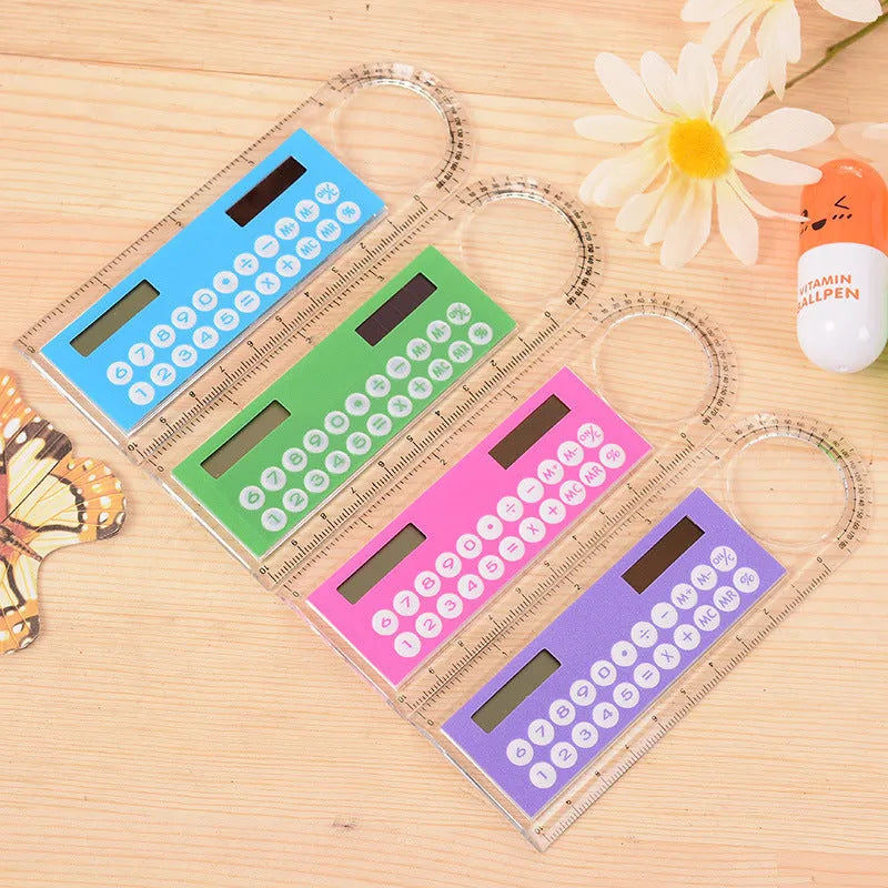 Ultra-thin transparent solar mini calculator with magnifier and ruler, 12.7 cm long